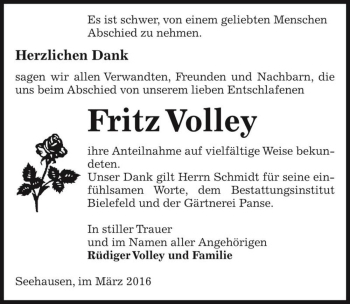 Traueranzeige von Fritz Volley  von Magdeburger Volksstimme