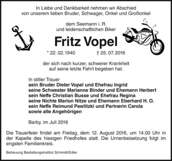 Traueranzeige von Fritz Vopel  von Magdeburger Volksstimme