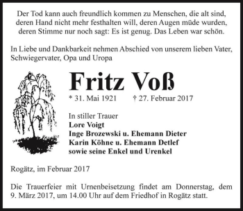 Traueranzeige von Fritz Voß  von Magdeburger Volksstimme