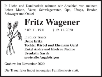 Traueranzeige von Fritz Wagener  von Magdeburger Volksstimme
