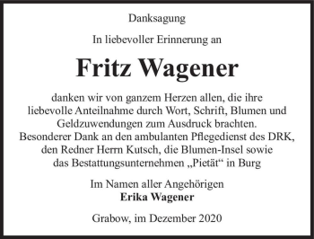 Traueranzeige von Fritz Wagener  von Magdeburger Volksstimme