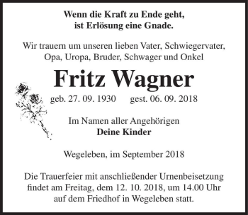 Traueranzeige von Fritz Wagner  von Magdeburger Volksstimme