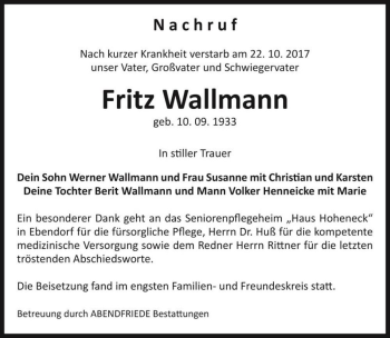 Traueranzeige von Fritz Wallmann  von Magdeburger Volksstimme