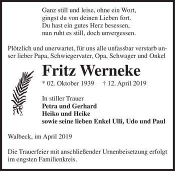 Traueranzeige von Fritz Werneke  von Magdeburger Volksstimme