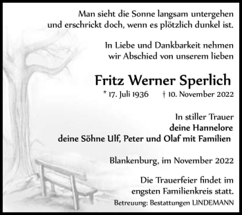 Traueranzeige von Fritz Werner Sperlich  von Magdeburger Volksstimme