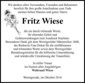 Traueranzeige von Fritz Wiese  von Magdeburger Volksstimme