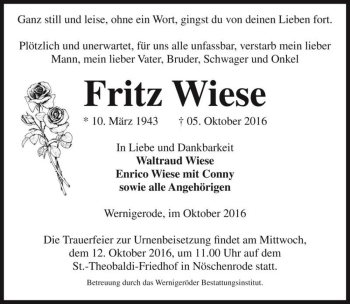 Traueranzeige von Fritz Wiese  von Magdeburger Volksstimme