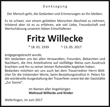 Traueranzeige von Fritz Willecke  von Magdeburger Volksstimme