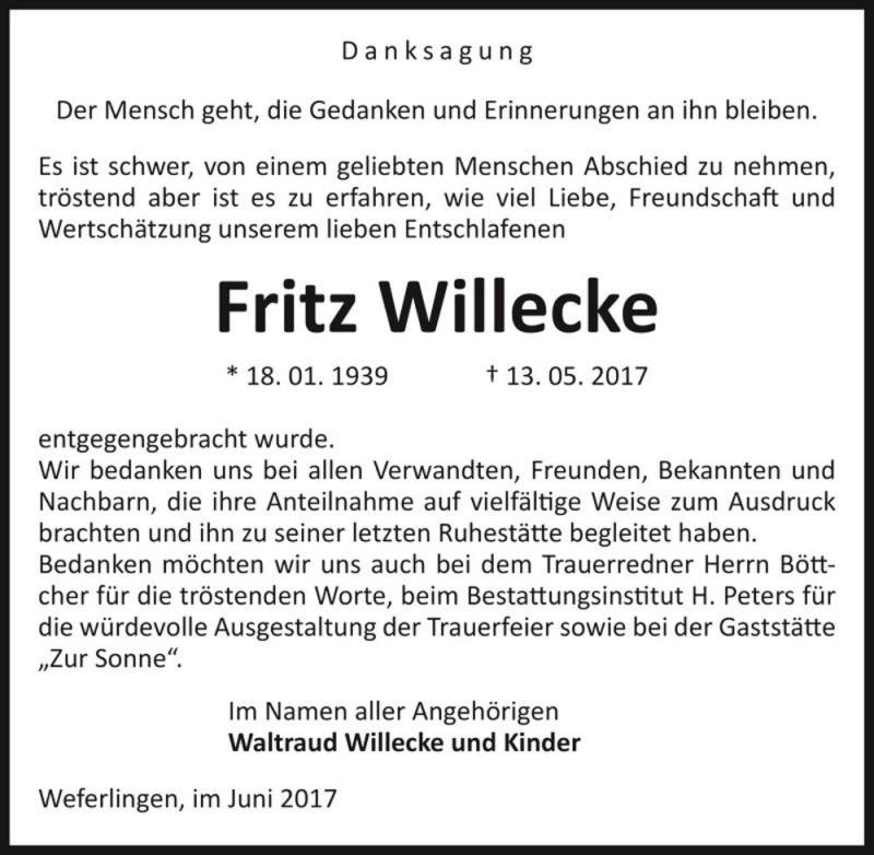  Traueranzeige für Fritz Willecke  vom 09.06.2017 aus Magdeburger Volksstimme