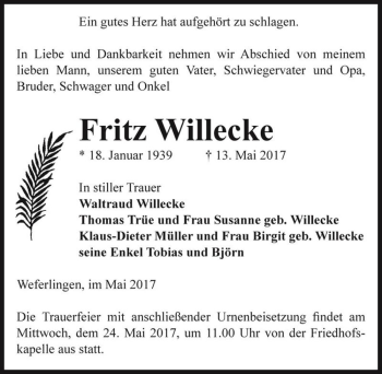 Traueranzeige von Fritz Willecke  von Magdeburger Volksstimme