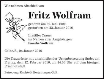 Traueranzeige von Fritz Wolfram  von Magdeburger Volksstimme