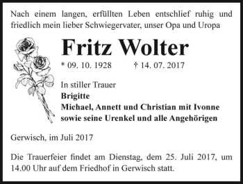 Traueranzeige von Fritz Wolter  von Magdeburger Volksstimme