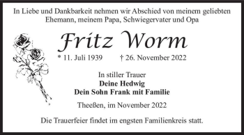 Traueranzeige von Fritz Worm  von Magdeburger Volksstimme