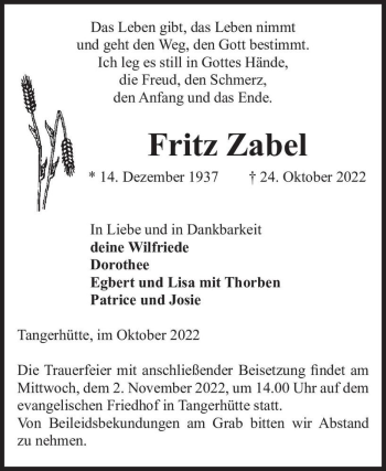 Traueranzeige von Fritz Zabel  von Magdeburger Volksstimme