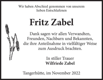 Traueranzeige von Fritz Zabel  von Magdeburger Volksstimme