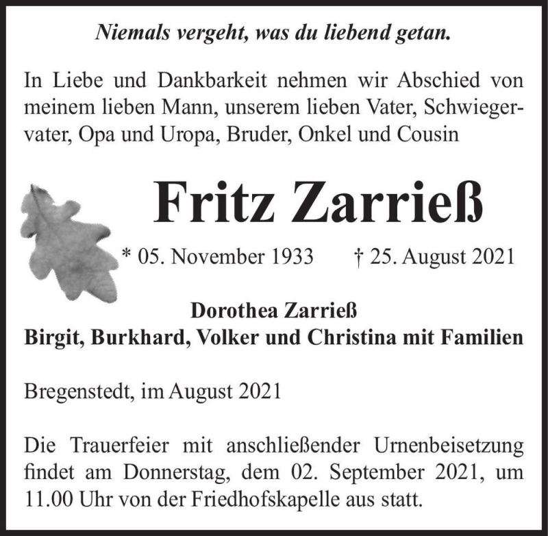  Traueranzeige für Fritz Zarrieß  vom 31.08.2021 aus Magdeburger Volksstimme