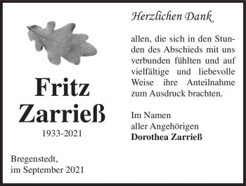Traueranzeige von Fritz Zarrieß  von Magdeburger Volksstimme