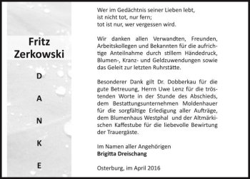 Traueranzeige von Fritz Zerkowski  von Magdeburger Volksstimme