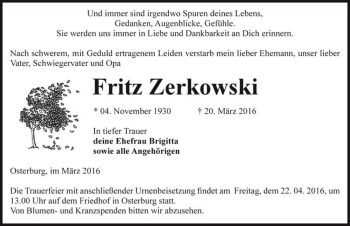 Traueranzeige von Fritz Zerkowski  von Magdeburger Volksstimme