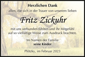 Traueranzeige von Fritz Zickuhr  von Magdeburger Volksstimme