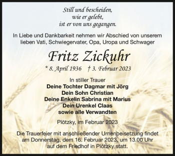 Traueranzeige von Fritz Zickuhr  von Magdeburger Volksstimme