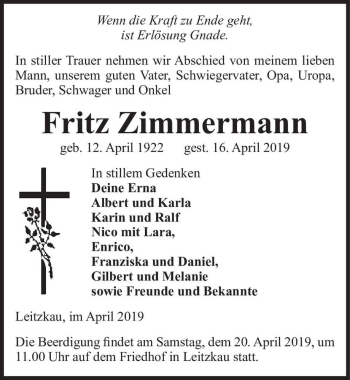 Traueranzeige von Fritz Zimmermann  von Magdeburger Volksstimme