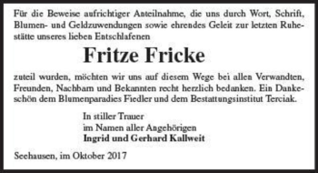 Traueranzeige von Fritze Fricke  von Magdeburger Volksstimme