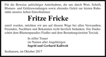 Traueranzeige von Fritze Fricke  von Magdeburger Volksstimme
