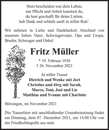 Traueranzeige von Frtiz Müller  von Magdeburger Volksstimme