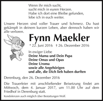 Traueranzeige von Fynn Maekler  von Magdeburger Volksstimme