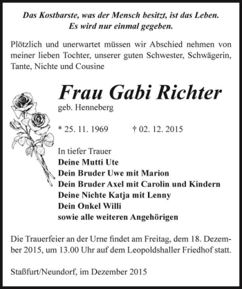 Traueranzeige von Gabi Richter (geb. Henneberg)  von Magdeburger Volksstimme