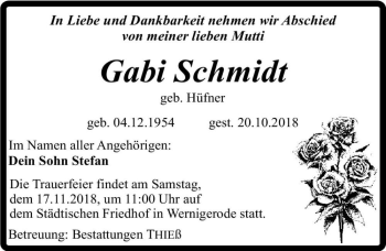 Traueranzeige von Gabi Schmidt (geb. Hüfner)  von Magdeburger Volksstimme