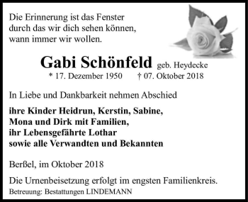 Traueranzeige von Gabi Schönfeld (geb. Heydecke)  von Magdeburger Volksstimme