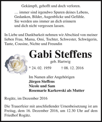 Traueranzeige von Gabi Steffens (geb. Hartwig)  von Magdeburger Volksstimme