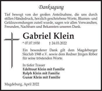 Traueranzeige von Gabriel Klein  von Magdeburger Volksstimme
