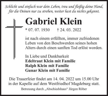 Traueranzeige von Gabriel Klein  von Magdeburger Volksstimme
