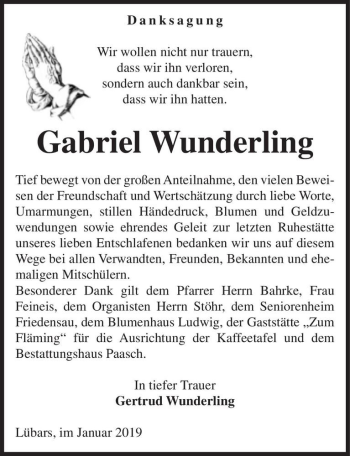 Traueranzeige von Gabriel Wunderling  von Magdeburger Volksstimme