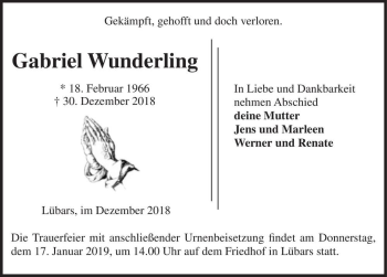 Traueranzeige von Gabriel Wunderling  von Magdeburger Volksstimme