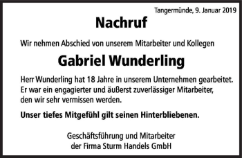 Traueranzeige von Gabriel Wunderling  von Magdeburger Volksstimme