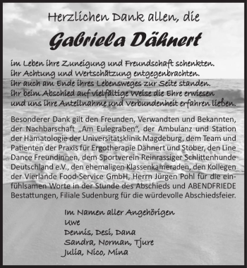 Traueranzeige von Gabriela Dähnert  von Magdeburger Volksstimme