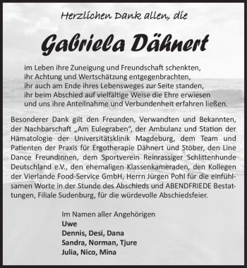 Traueranzeige von Gabriela Dähnert  von Magdeburger Volksstimme