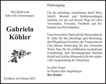 Traueranzeige von Gabriela Köhler  von Magdeburger Volksstimme