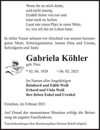 Traueranzeige von Gabriela Köhler (geb. Putz)  von Magdeburger Volksstimme