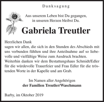 Traueranzeige von Gabriela Treutler  von Magdeburger Volksstimme