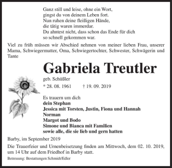 Traueranzeige von Gabriela Treutler (geb. Schüßler)  von Magdeburger Volksstimme