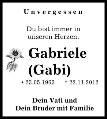 Traueranzeige von Gabriele (Gabi)  von Magdeburger Volksstimme