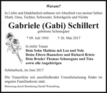 Traueranzeige von Gabriele (Gabi) Schillert (geb. Schneegans)  von Magdeburger Volksstimme