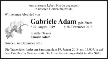 Traueranzeige von Gabriele Adam (geb. Fuchs)  von Magdeburger Volksstimme