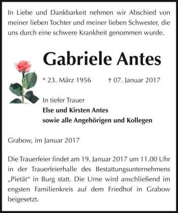 Traueranzeige von Gabriele Antes  von Magdeburger Volksstimme