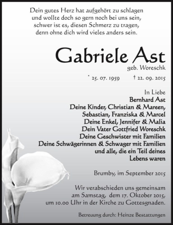 Traueranzeige von Gabriele Ast (geb. Woreschk)  von Magdeburger Volksstimme